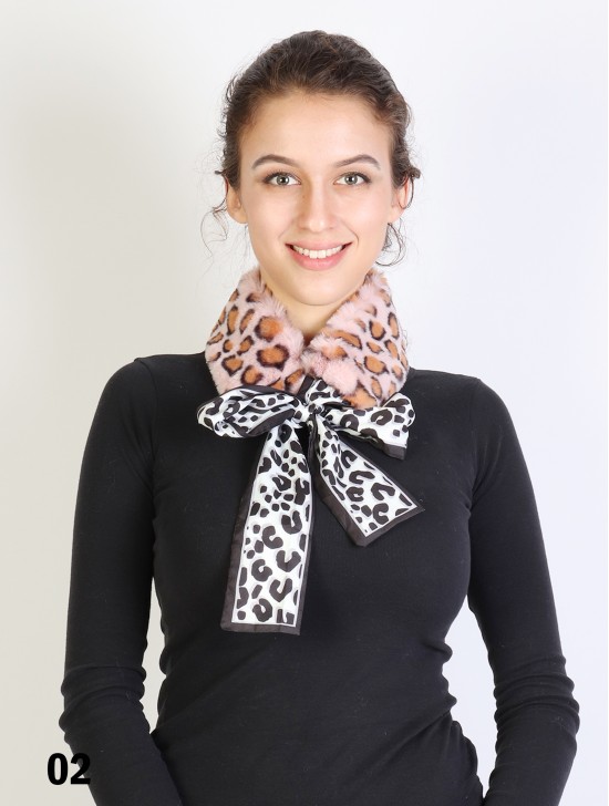 Leopard Plush Scarf W/ Silk Ribbon